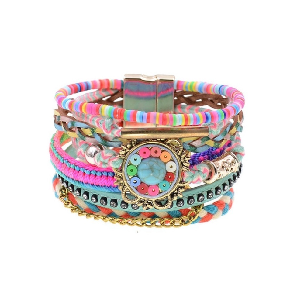 Multi-Layer Rainbow Boho Bracelet – Colorful Beads, Braids & Center Medallion –